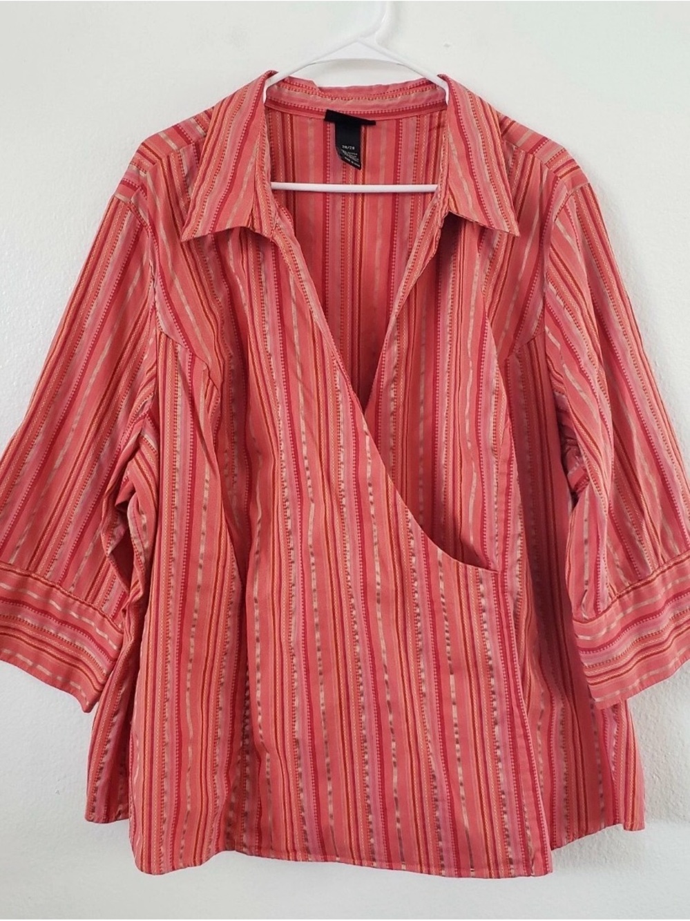 Lane Bryant Coral Pink Striped surplice v neck 3/4 sleeves Blouse women’s 18/20